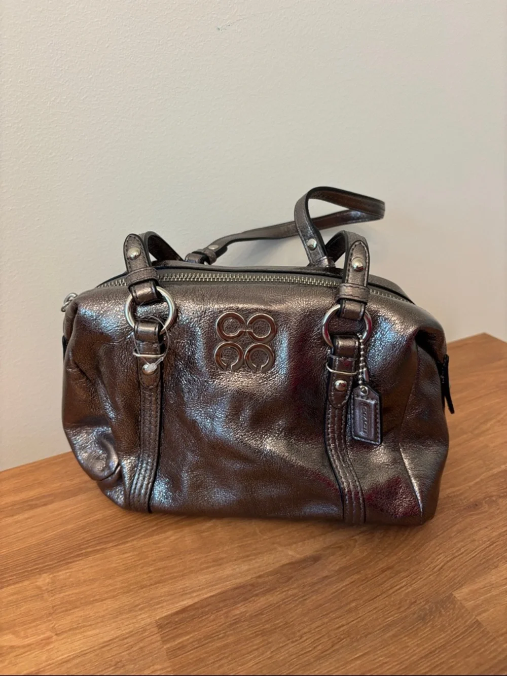 COACH JULIA MINI SMALL METALLIC SATCHELL PURSE GUNMETAL GRAY SILVER AUTHENTIC - Picture 2 of 9